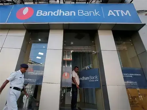 Bandhan Bank building with stock market graph overlay