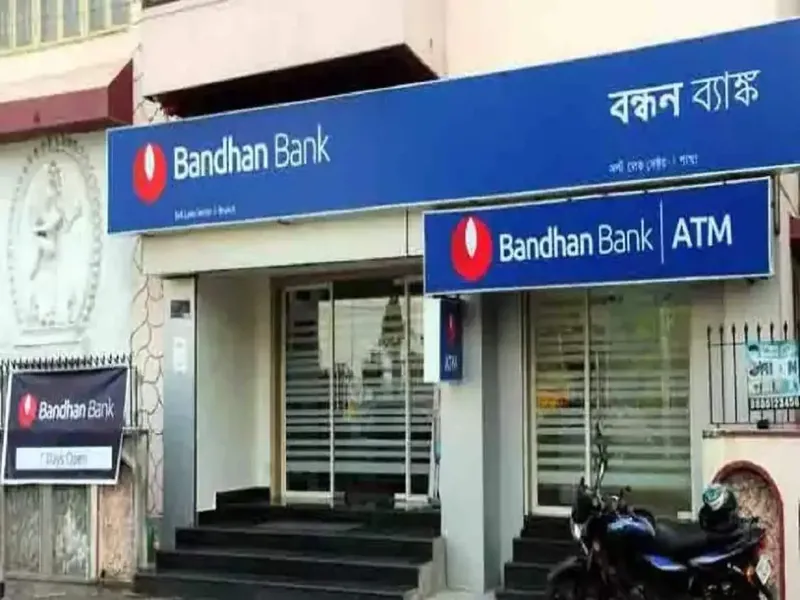 Bandhan Bank building with stock market graph overlay