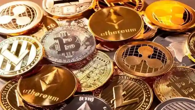 Bitcoin and Ethereum price charts on a digital screen