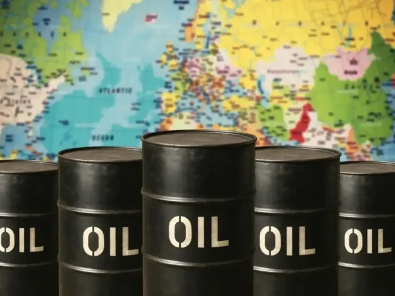 Oil barrels with price charts in the background