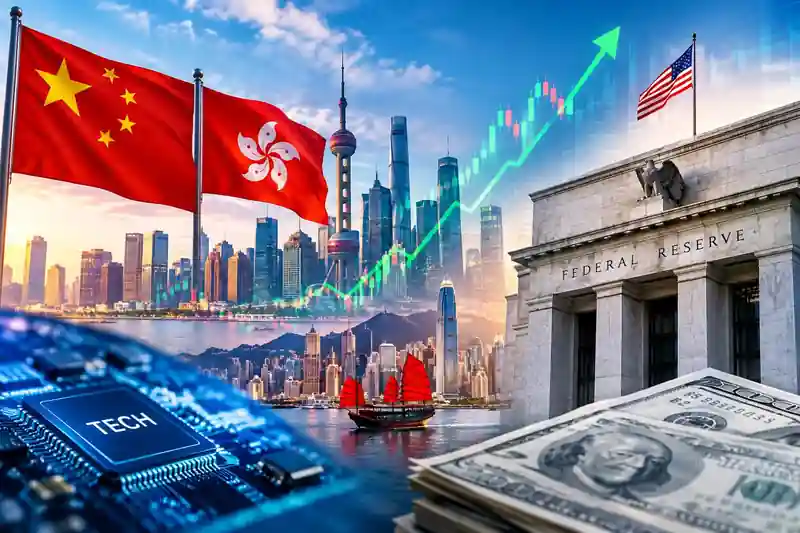 Stock market graphs showing upward trends in China and Hong Kong