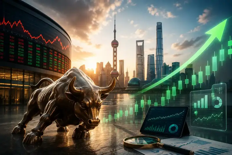Shanghai stock market display showing rising indices