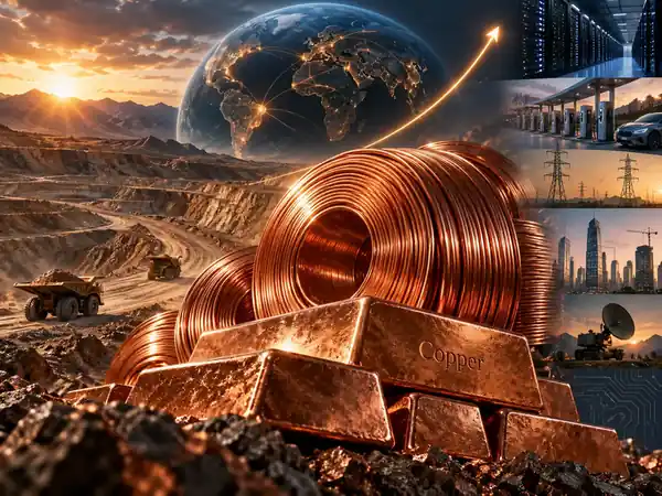 Copper mining operations with machinery and copper ore