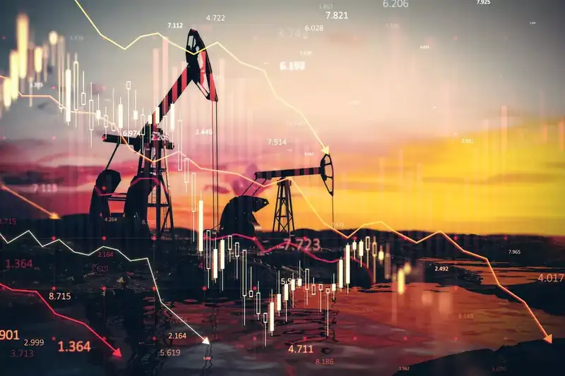 Oil barrels with fluctuating price graphs in the background