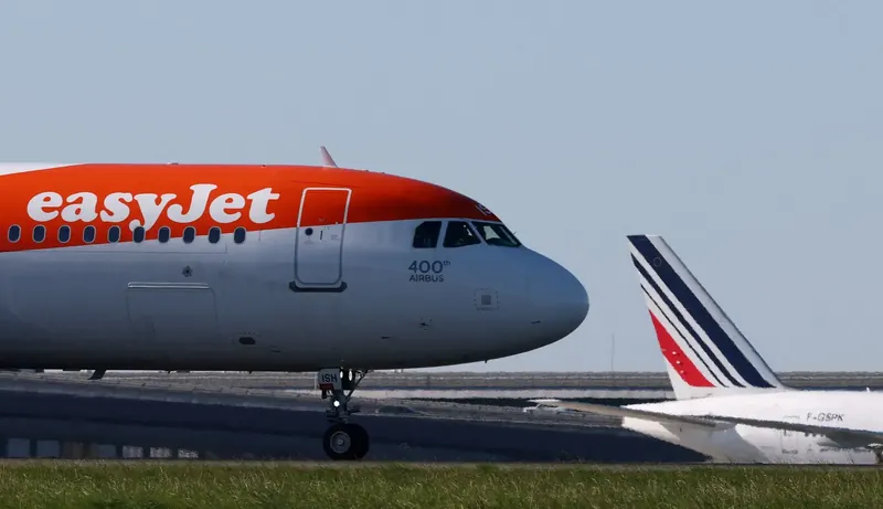 EasyJet aircraft on tarmac with rising stock graph overlay