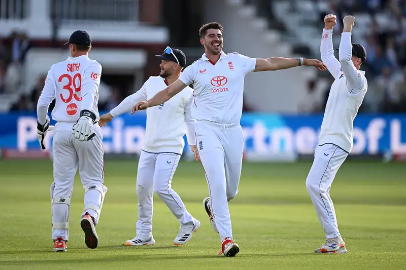 Nathan Smith celebrates a wicket during the Test match at Lord's