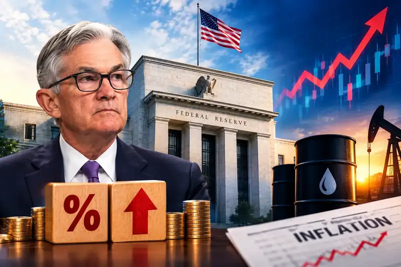 Federal Reserve building with interest rate graph overlay