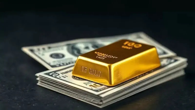 Gold bars and a rising dollar symbol