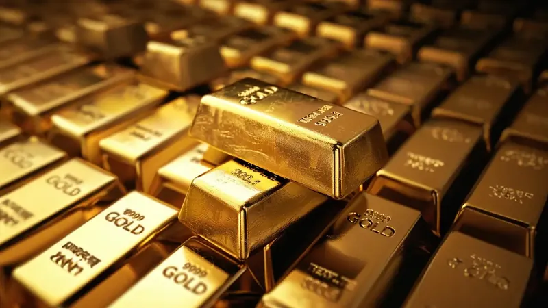 Gold bars stacked in a vault