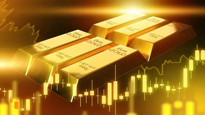 Gold bars and coins with a fluctuating stock market graph in the background