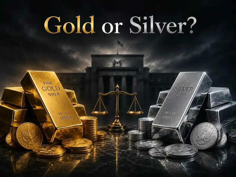 Gold and silver bars with fluctuating market graph