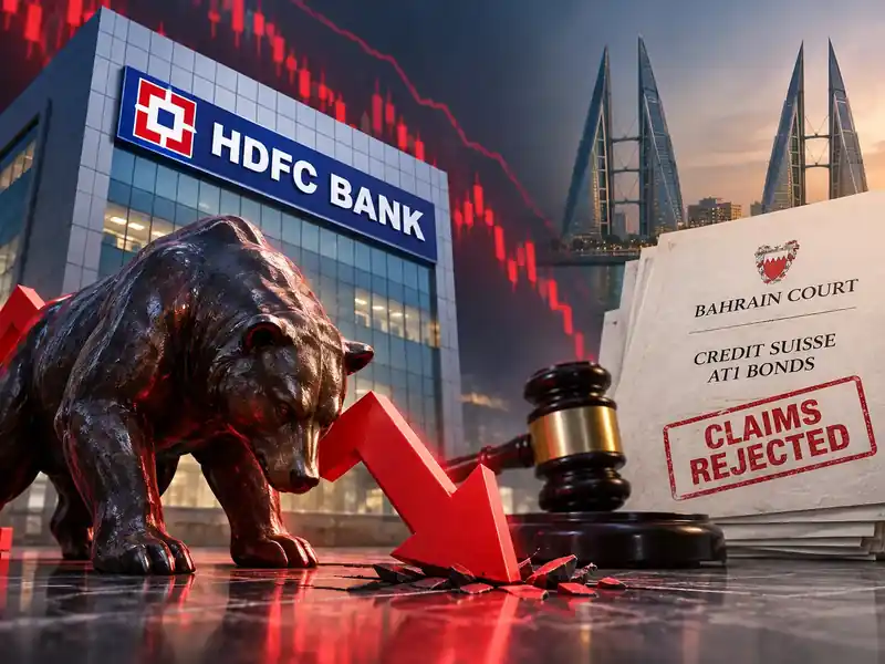 HDFC Bank building with stock market graph overlay