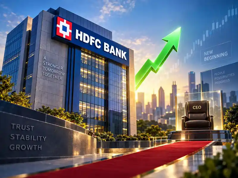 HDFC Bank building with stock market graph overlay