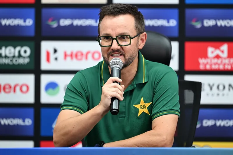 Mike Hesson addressing the media as interim coach of Pakistan cricket team
