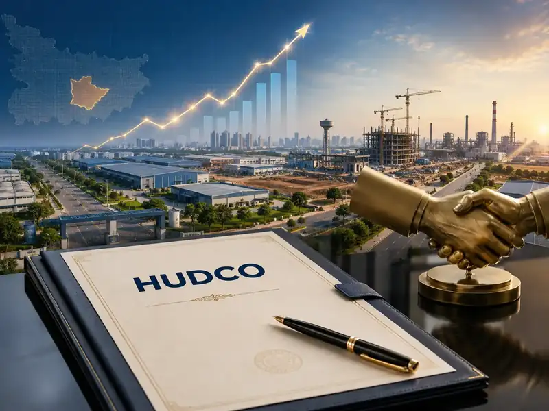 HUDCO building with stock market graph overlay