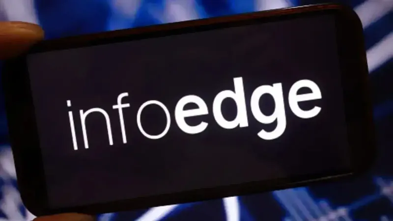 Info Edge logo with stock market graph in the background