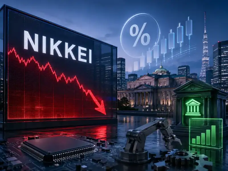 Tokyo Stock Exchange with fluctuating stock prices displayed.