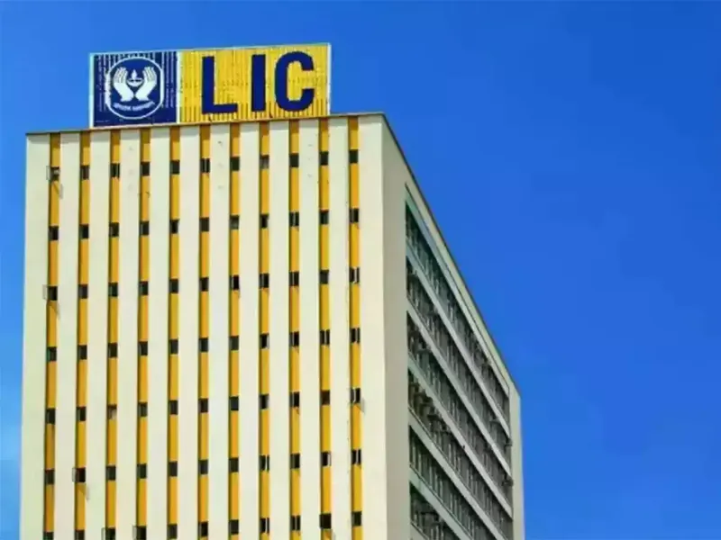 LIC building with stock market charts overlay
