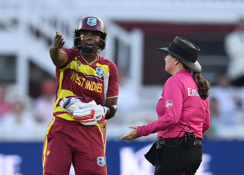 Hayley Matthews expressing frustration on the cricket field