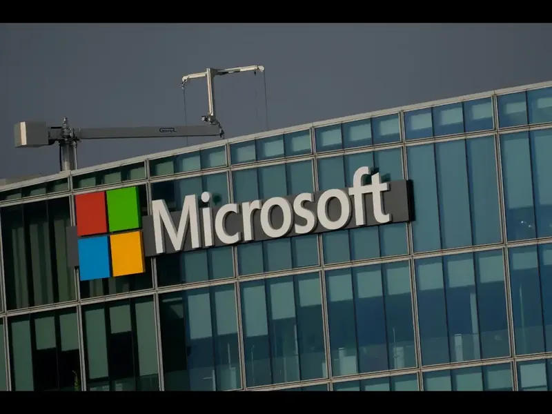Microsoft headquarters with AI technology imagery