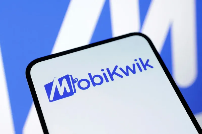 Mobikwik logo on a digital screen with stock market data