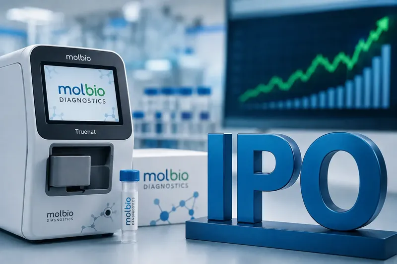 Molbio Diagnostics logo with stock market background