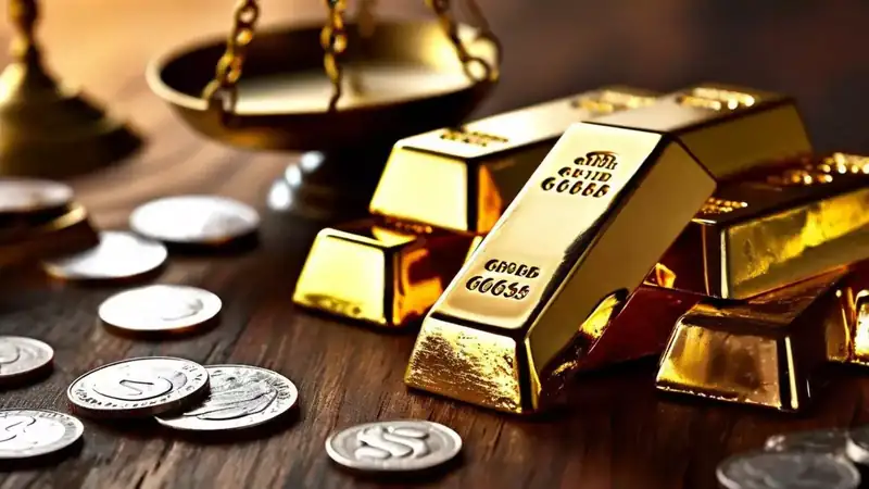 Gold and silver bars with fluctuating market graphs