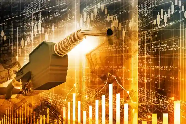 Oil barrels with a background of fluctuating stock market graphs