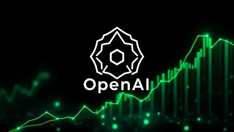 OpenAI logo with stock market chart in the background