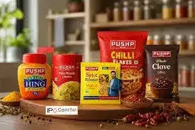 Pushp Brand spices and food products on display