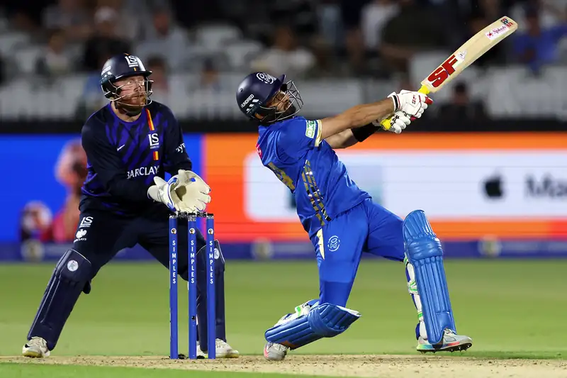 Sikandar Raza hitting a six during the London derby