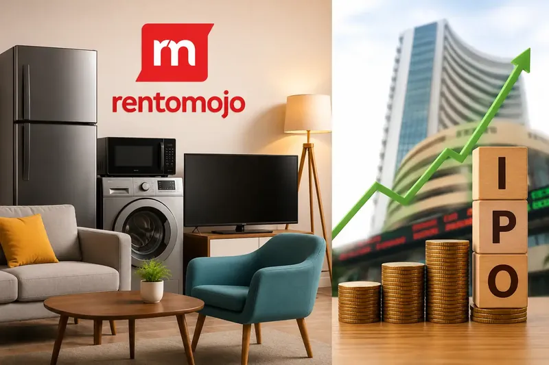 Rentomojo logo and stock market chart