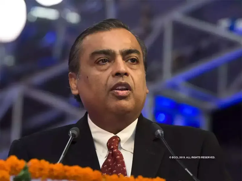 Reliance Industries headquarters with stock market graph overlay