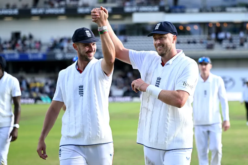 England cricketers celebrating a wicket at Headingley