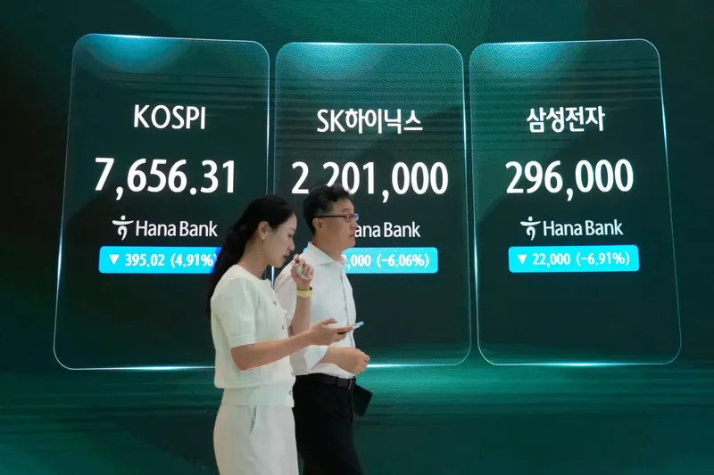 Samsung and SK Hynix logos with stock market graph