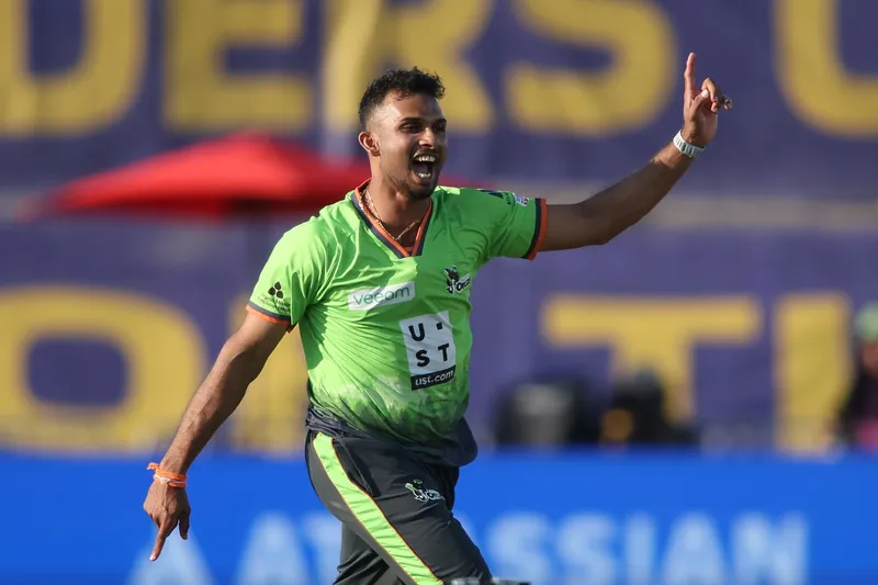 Dasun Shanaka celebrating a wicket during a cricket match