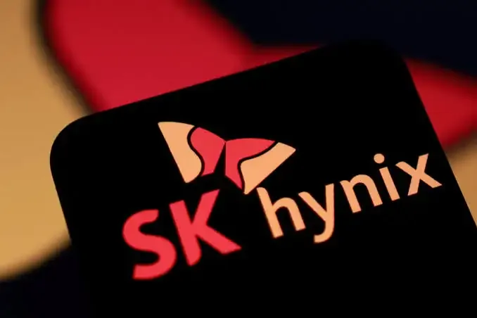 SK Hynix logo with stock market chart in the background