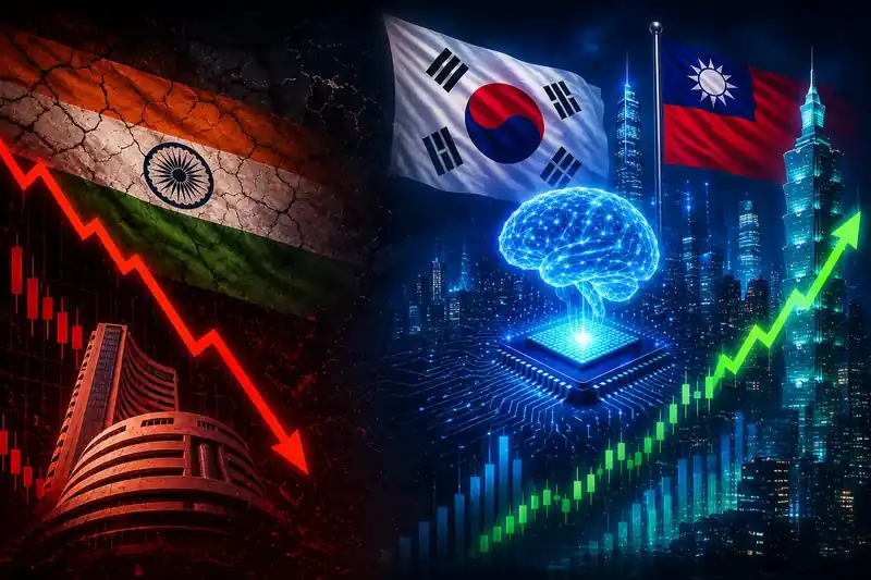 Stock market graph showing South Korea and India market trends