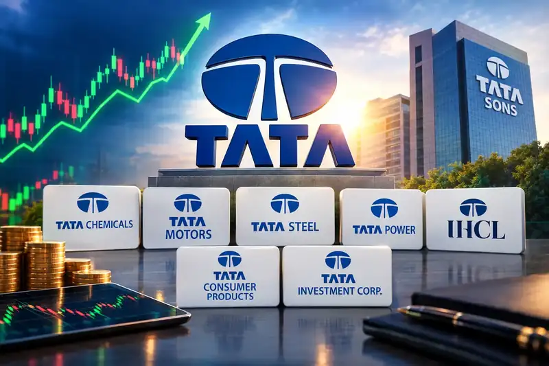 Tata Group logo on a stock market chart background