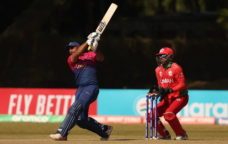 UAE cricketer Asif Khan in action during a match