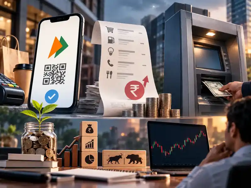 Illustration of UPI payment system with financial charts