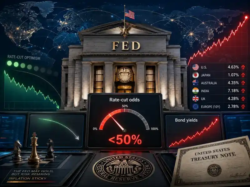 Federal Reserve building with fluctuating stock market graph overlay