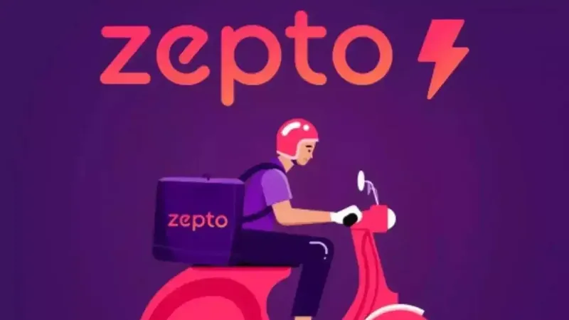 Zepto logo with declining stock graph