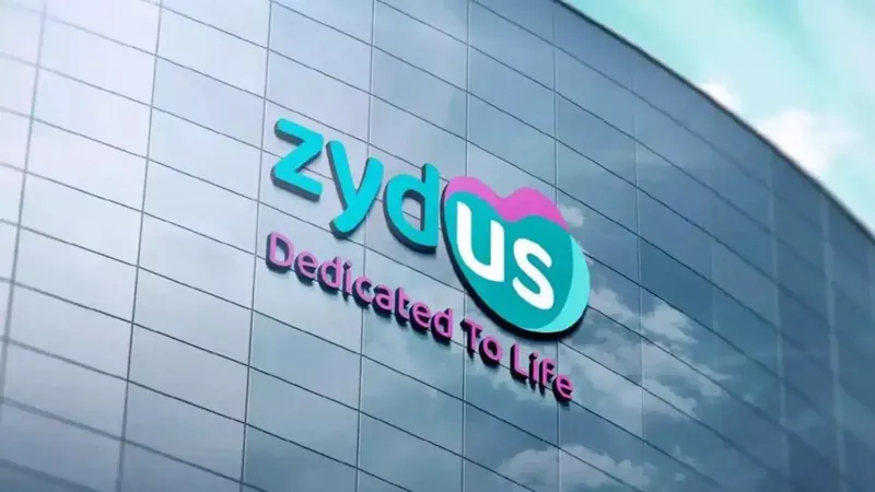 Zydus Lifesciences logo with stock market graphs in the background